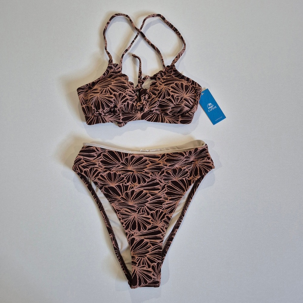 Cupshe Womens Bikini Set Brown Pink Floral Scalloped Lace Up XS DAA12C4D010JJ